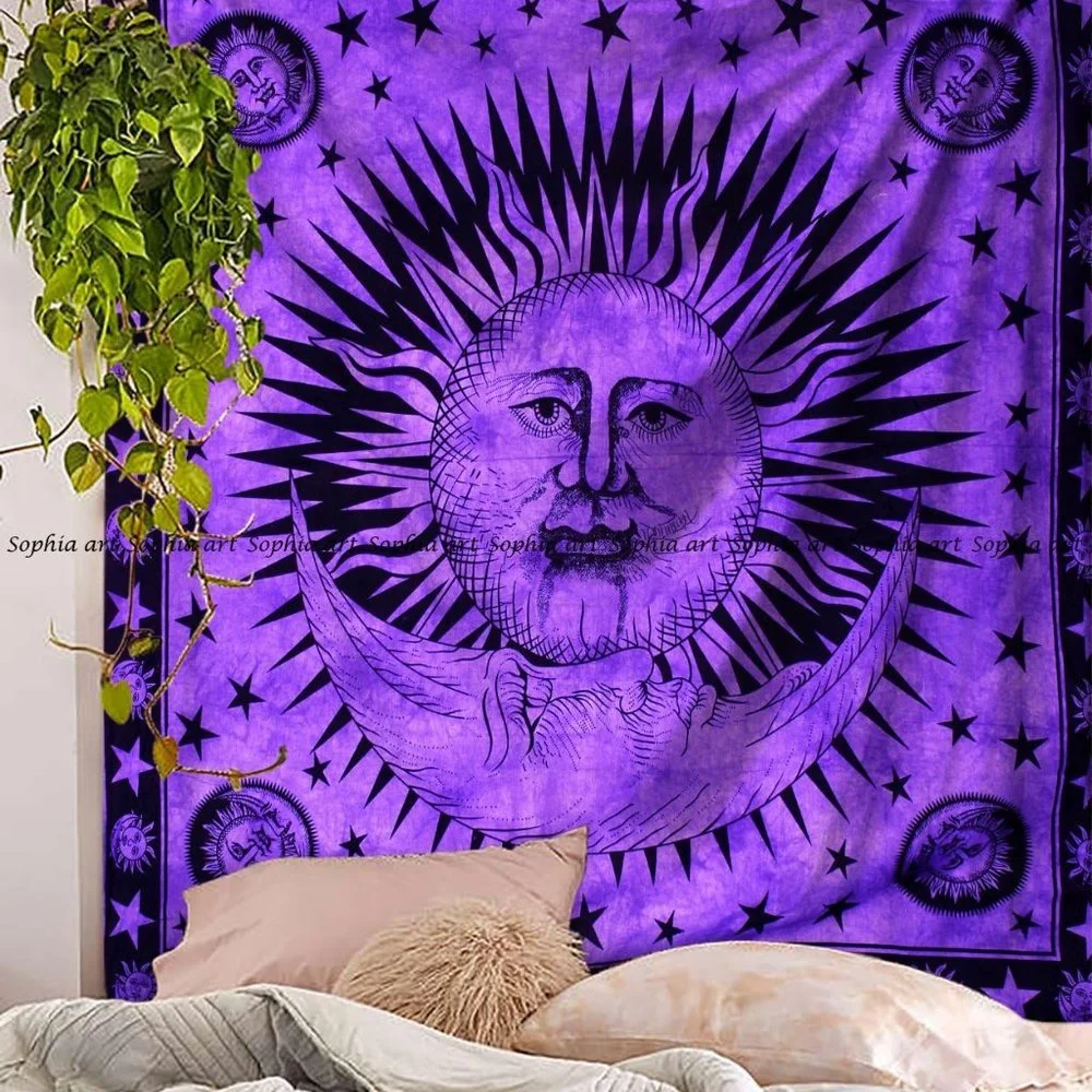 Twin Size Cotton Wall Bed Boho Purple Sun Celestial Tapestry NEW Dorm Room Decor